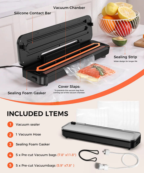Vacuum Sealer Machine 75KPa With 6-In-1 Dry And Moist Modes Digital Timer Built-In Cutter And External Vac For Jars