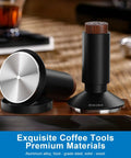 2-In-1 Espresso Tamper And Magnetic WDT Tool With 53mm Spring-Loaded Base, aluminum handle, set on wooden surface, side view