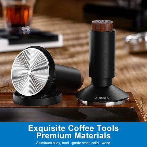 2-In-1 Espresso Tamper And Magnetic WDT Tool With 53mm Spring-Loaded Base, aluminum handle, set on wooden surface, side view