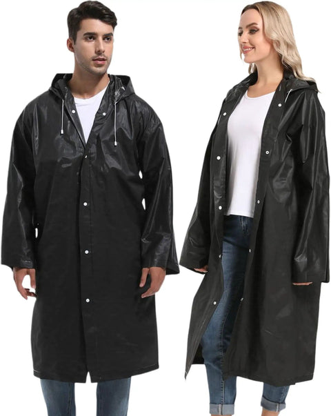 Two Pack Reusable Rain Ponchos For Adults With Hoods And Sleeves In Black being worn by a man and woman, lightweight and tear resistant.