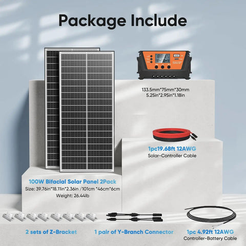 All-In-One 200W Bifacial Solar Panel Kit With 10A PWM Charge Controller, cables, connectors, and mounting brackets displayed.