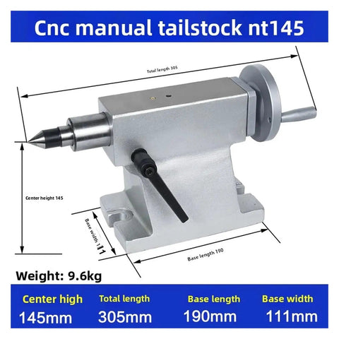 Heavy Duty Four Axis Lathe Tailstock With Manual Telescopic Lever And Adjustable Indexing Head, dimensions and features shown.