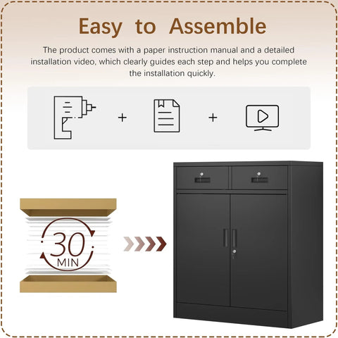 Heavy Duty Steel Storage Cabinet With Locking Doors And Two Drawers For Home Office Garage And School Use 36 Inch Tall Black Metal Cabinet assembly instructions