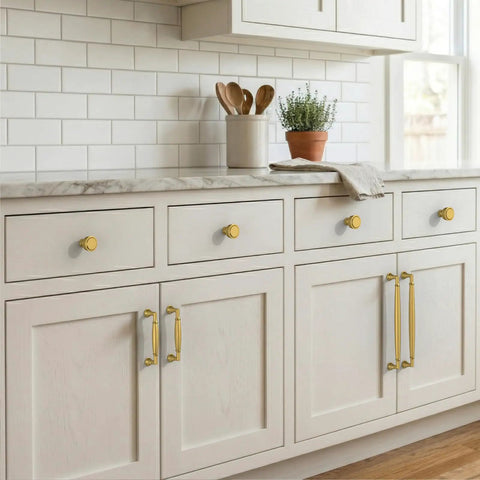 White kitchen cabinets with 10 Pack Vibrant Brushed Brass Cabinet Pulls 5 Inch 128mm Solid Heavy Duty Drawer Handles installed