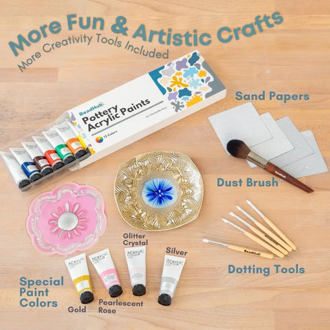 Beginner Pottery Kit With Air Dry Clay 4.4 Lbs And 2Kg Modeling Clay, Sculpting Tools, Paint, and Sanding Block displayed.