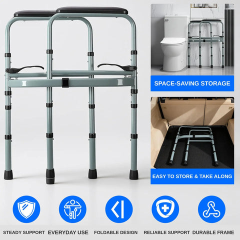 Heavy Duty Foldable Toilet Safety Rails For Seniors With Adjustable Height Bars, space-saving, sturdy steel frame.