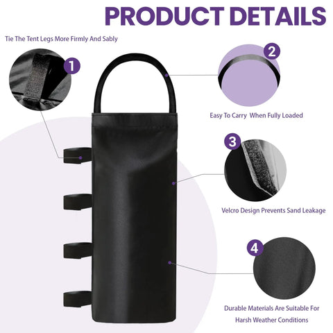Canopy Leg Weight Bags 4-Pack With Adjustable Straps And Heavy Duty Velcro, showing Velcro design and carry strap details