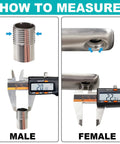 Measurement guide for adjustable sink faucet extender with swivel aerator and filter, showing male and female threads.