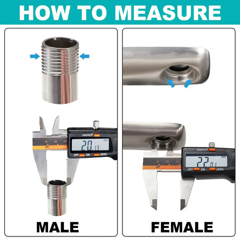 Measurement guide for adjustable sink faucet extender with swivel aerator and filter, showing male and female threads.