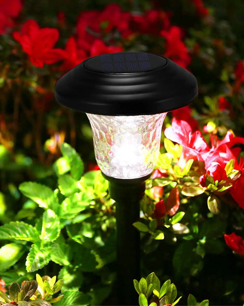 8 Pack Solar Pathway Lights Outdoor Waterproof Glass Stainless Steel Decor Lamps for Yard Patio Driveway Sidewalk, glowing among flowers at night.