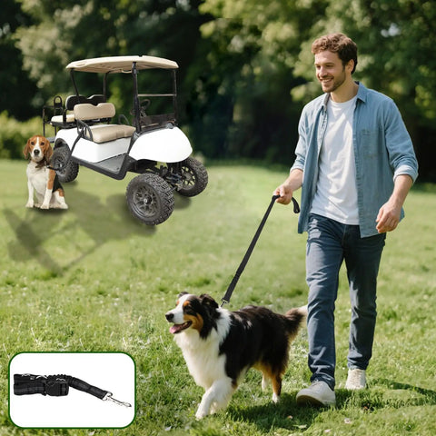 Universal Golf Cart Dog Leash And Pet Safety Harness With Quick Snap Backrest Clip for secure outings with dogs beside a golf cart.