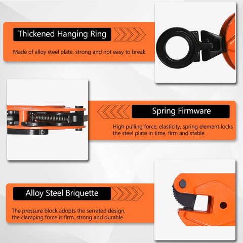 Front view of YATOINTO plate lifting clamp: orange steel clamp with black jaw and lifting ring.