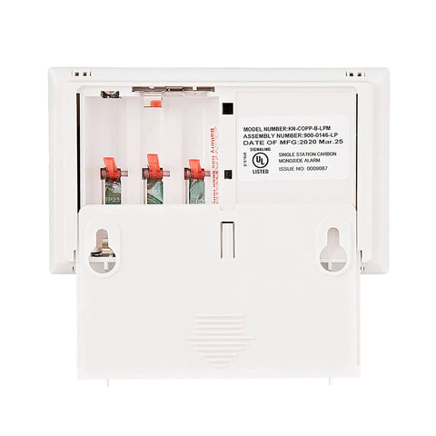 Carbon Monoxide Detector Portable CO Alarm With AA Battery Power, LED Indicators, Test Reset Button, back view without batteries