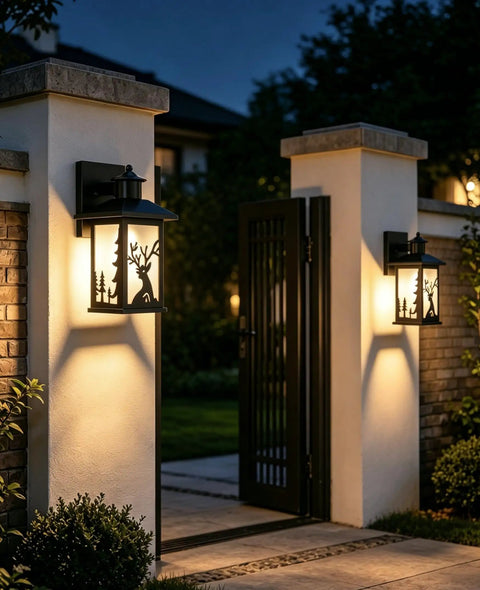 Two Pack Outdoor Wall Sconce Lights Waterproof Exterior Porch Fixtures With Rust Resistant Metal Housing Frosted Glass Deer Pattern And E26 Socket For Home Garage Patio Front Door illuminating a pathway at night.