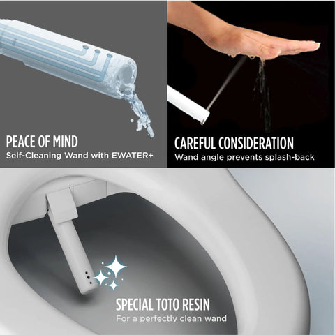Top Tier Electronic Bidet Toilet Seat With Instant Warm Water Washlet Slick Self Cleaning Wand And Auto Open Close Lid Elongated Frame Big Time Comfort For Modern Bathrooms, showing self-cleaning wand with water.