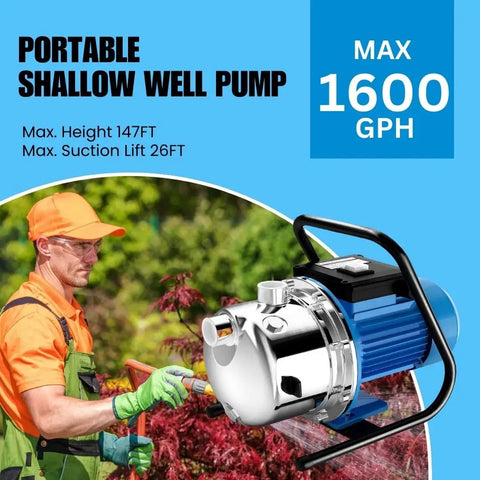 Smooth Operator 1.6Hp Shallow Well Jet Pump Featuring Rugged Stainless Steel Build for effortless garden irrigation.