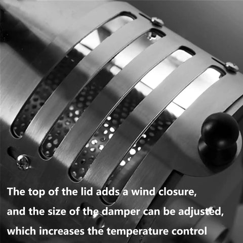 Close-up of the wind closure lid on Built Tough Electric Coffee Bean Roaster Featuring Precision Thermometer Probe And Heavy Duty Stainless Steel Construction Ready To Crush Beans Chestnuts And Grains Daily.