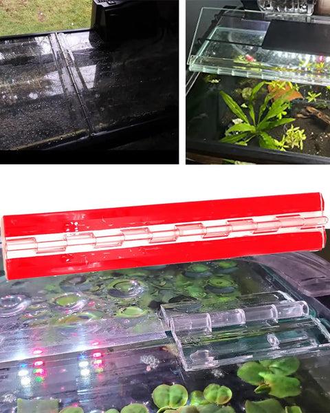 Twelve Inch Clear Acrylic Self Adhesive Piano Hinges Ten Pack installed on aquarium glass with a red light, ideal for smooth installation.