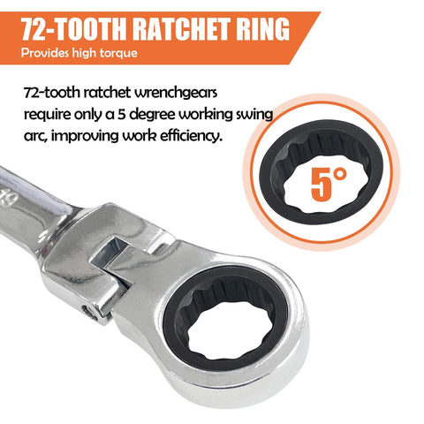 Close-up of 72-tooth ratchet in 8 Piece Flex Head Ratcheting Wrench Set With 8 To 19 Millimeter Metric Chrome Vanadium Steel Wrenches
