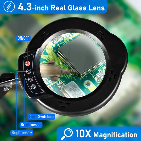 10X Magnifying Lamp With Light And Stand For Reading Crafts Jewelry Sewing, close view of circuit board under 4.3 inch lens