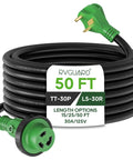 Heavy Duty 30 Amp 50 Foot RV Power Extension Cord With Locking TT-30P Male And L5-30R Female Connectors, Weather Resistant 10 Gauge 3 Wire STW Jacket, Durable Strain Relief For Campsites And RV Parks, coiled with green connectors
