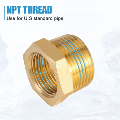 Close-up of brass NPT reducer hex bushing, 3/8" male x 1/4" female, blue PTFE tape on threads