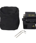 Fiber Optic Cleaver With Auto Return 0.5 Degree Cleave Angle 16 Precision Cutting Points 3 In 1 Splicing Tool next to black case and tools