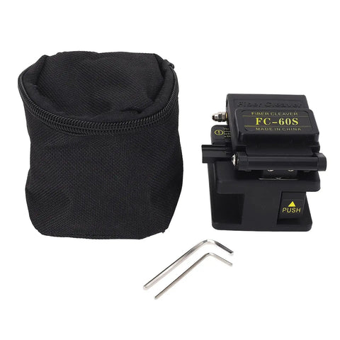 Fiber Optic Cleaver With Auto Return 0.5 Degree Cleave Angle 16 Precision Cutting Points 3 In 1 Splicing Tool next to black case and tools