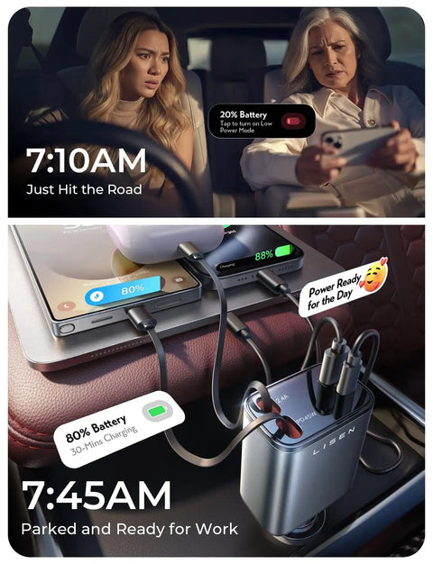 Retractable Car Charger 84W USB C Fast Charge for 12V cigarette lighter sockets in use during a road trip, charging multiple devices.