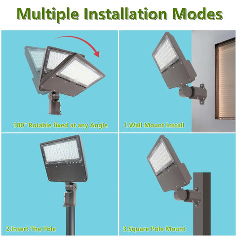 Two Pack 100W LED Parking Lot Lights With Dusk To Dawn Photocell installation options including wall mount and slipfitter.