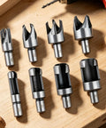 Badass Eight Piece Wood Plug Cutter Drill Bit Set With Straight And Tapered Heads, sizes 6 to 16 mm, made from carbon steel.