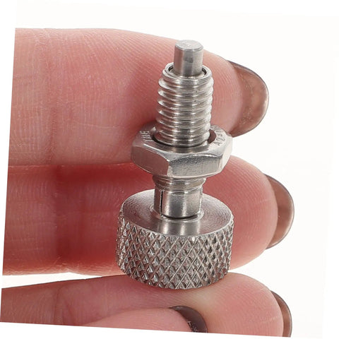 Built Like A Tank Locking Spring Plunger Pins For Rolling Toolboxes, stainless steel, detailed view in hand.