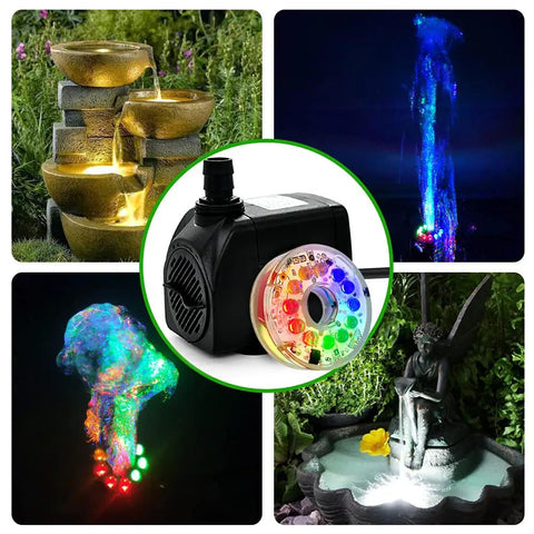 160GPH Submersible Fountain Pump With Auto Color Changing LED Light And Three Point Three Feet Tubing for outdoor setups