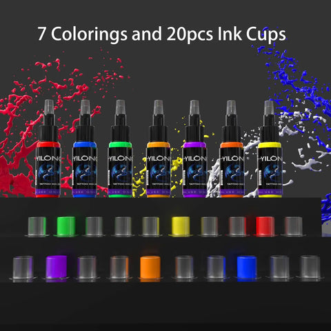 Wireless Tattoo Kit For Beginners All In One Rotary Pen Machine With 2 Batteries And Charger 20 Ink Cups 30ml Black Ink 7 Color Inks, set of color inks