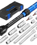 3/8 Inch Drive Magnetic Spark Plug Socket Set With Click Torque Wrench 5-45 Ft-Lb And 6.8-61 Nm, 14-piece shown with case and sockets