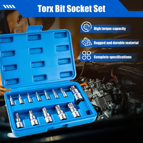 13 Piece Torx Socket Set T8 To T60 With One Quarter Inch Three Eighth Inch And One Half Inch Drives S2 Steel And CRV Construction