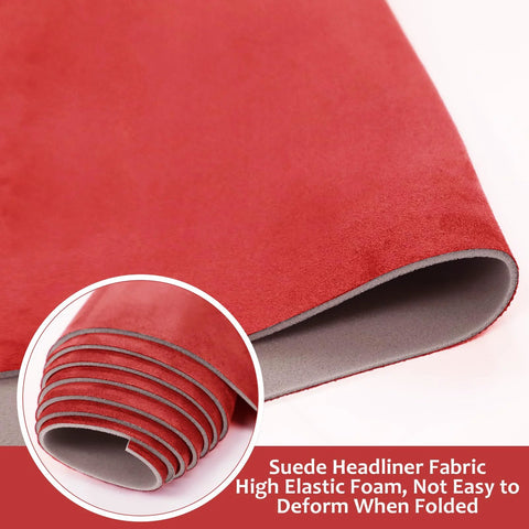 Red Micro Suede Headliner Fabric With Foam Backing And Flame Retardant For Car, close-up view of rolled edges highlighting layers.