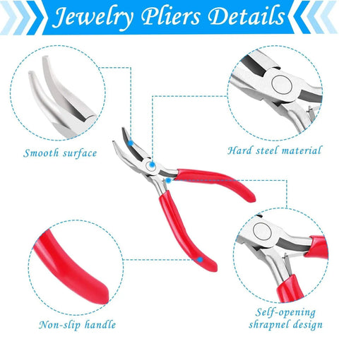 Beading And Jewelry Making Tools Kit 6 Piece Set With Needle Nose Pliers Round Nose Pliers Bent Nose Pliers Wire Cutters Crimping Pliers And End Nippers For DIY Beads Craft Projects And Pro Jewelry Making, red handle, hard steel