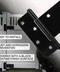 Straight Up 8 Inch Heavy Duty Gate Hinges 4 Pack Black Steel Door Hinges 300 Lb Capacity Built Tough For Outdoor Fences Rock Solid Design With Free Hardware For Quick No Hassle Setup, black steel hinge with installation info and fence background.