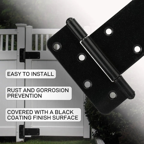 Straight Up 8 Inch Heavy Duty Gate Hinges 4 Pack Black Steel Door Hinges 300 Lb Capacity Built Tough For Outdoor Fences Rock Solid Design With Free Hardware For Quick No Hassle Setup, black steel hinge with installation info and fence background.