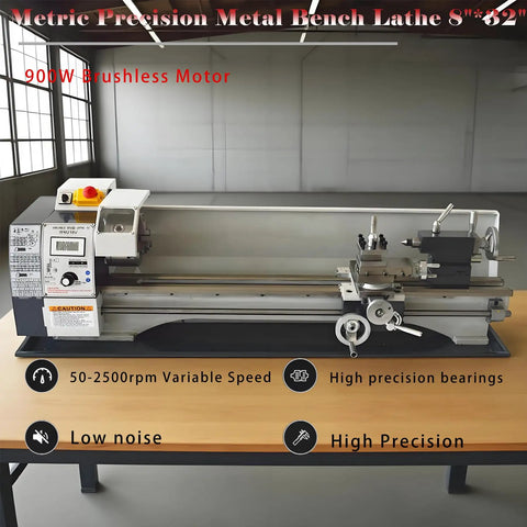 Jaryannix 8 Inch By 32 Inch Mini Metal Lathe With Brushless Motor And Digital Display offers simple controls on a wooden workbench.