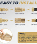 30 Pcs Brass Air Hose Fittings 1/4 In Npt Quick Disconnect Plugs With Hardened Copper Cladding parts showing installation process of male and female connectors.