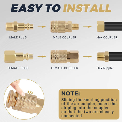 30 Pcs Brass Air Hose Fittings 1/4 In Npt Quick Disconnect Plugs With Hardened Copper Cladding parts showing installation process of male and female connectors.