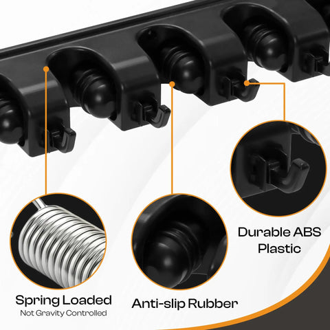 Close-up of Heavy Duty ABS Plastic Broom Holder With Five Auto Adjustable Slots and Six Retractable Hooks showing durable ABS and rubber.