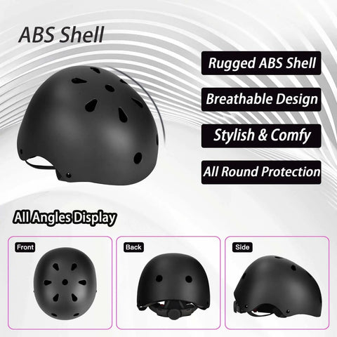 Adjustable Kids Helmet Set For Ages 3 To 15 Perfect For Biking Skating Rollerblading Scooters And More Dial Fit Protection With Ventilation Lightweight All Sports Safety Gear For Boys And Girls Easy On And Off featuring ABS shell with ventilation shown in front, back, and side views