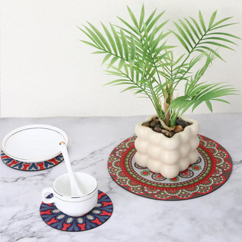 8 Pcs Boho Plant Coaster And Mat Set For Indoor And Outdoor Pots Protect Tables Desks And Floors With Round Flower Saucers In Two Sizes 12 By 12 Cm And 22 By 22 Cm displayed on marble surface with plant and dishware.