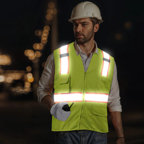Man wearing High Visibility Mesh Safety Vest With 10 Pockets, Mic Tabs, Front Zip Closure, And Reflective Strips For Men And Women