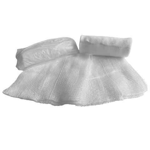 First aid training kit components: white gauze roll and folded gauze sheet