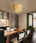 Boho Wood Beaded 3-Light Chandelier Ceiling Fixture Recessed Mounted Antique Rustic Finish For Dining Room shown lit above table