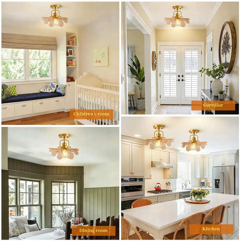 Modern Brass Ceiling Pendant Light With Green Glass Flower Shade Gold Ceiling Lamp shown in children's room, corridor, dining room, kitchen settings